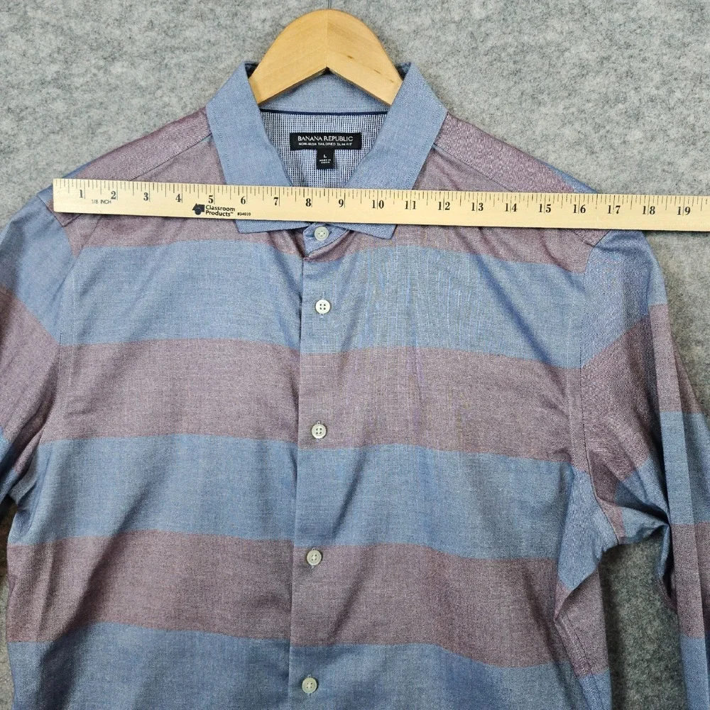 Banana Republic‎ Men's Pale Red & Blue Rugby Striped Size L Dress Shirt STAINS